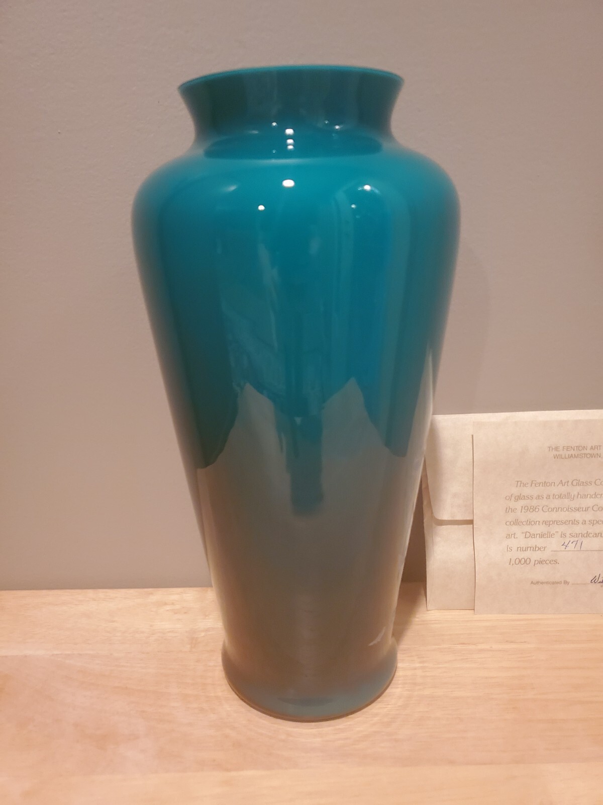 Fenton 1986 Sand carved Teal Vase Connoisseur Collection "Danielle"