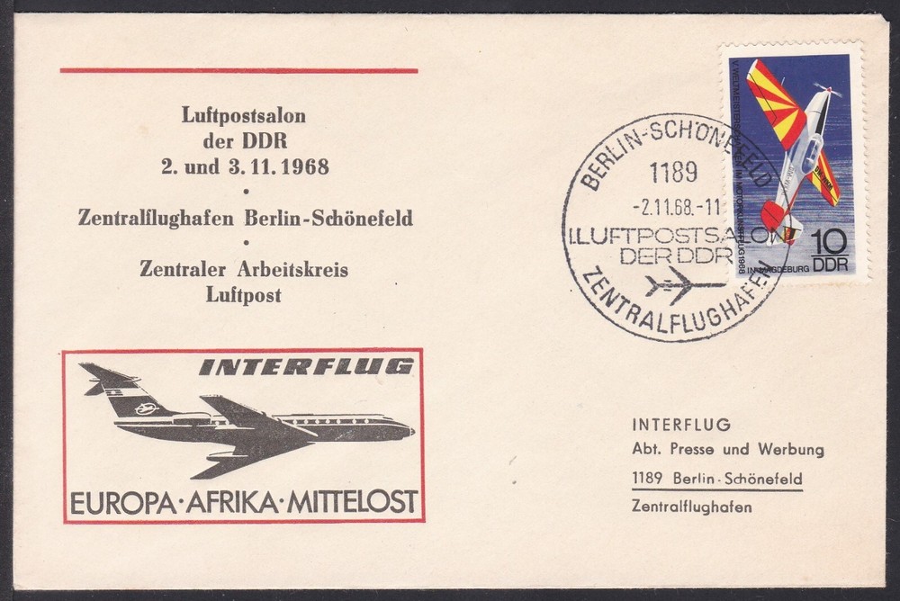 FCV0144 Flight Cover, Interflug, DDR, Berlin-Schonefeld, Plane Postmark