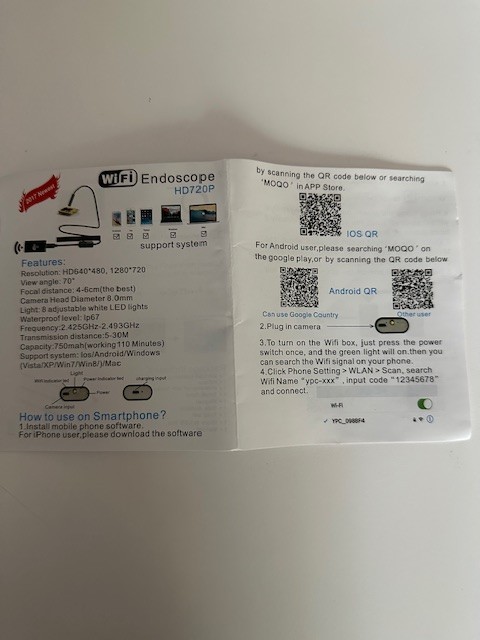 WiFi Endoscope Camera HD 720P Borescope Inspection Tool iOS Android NIB