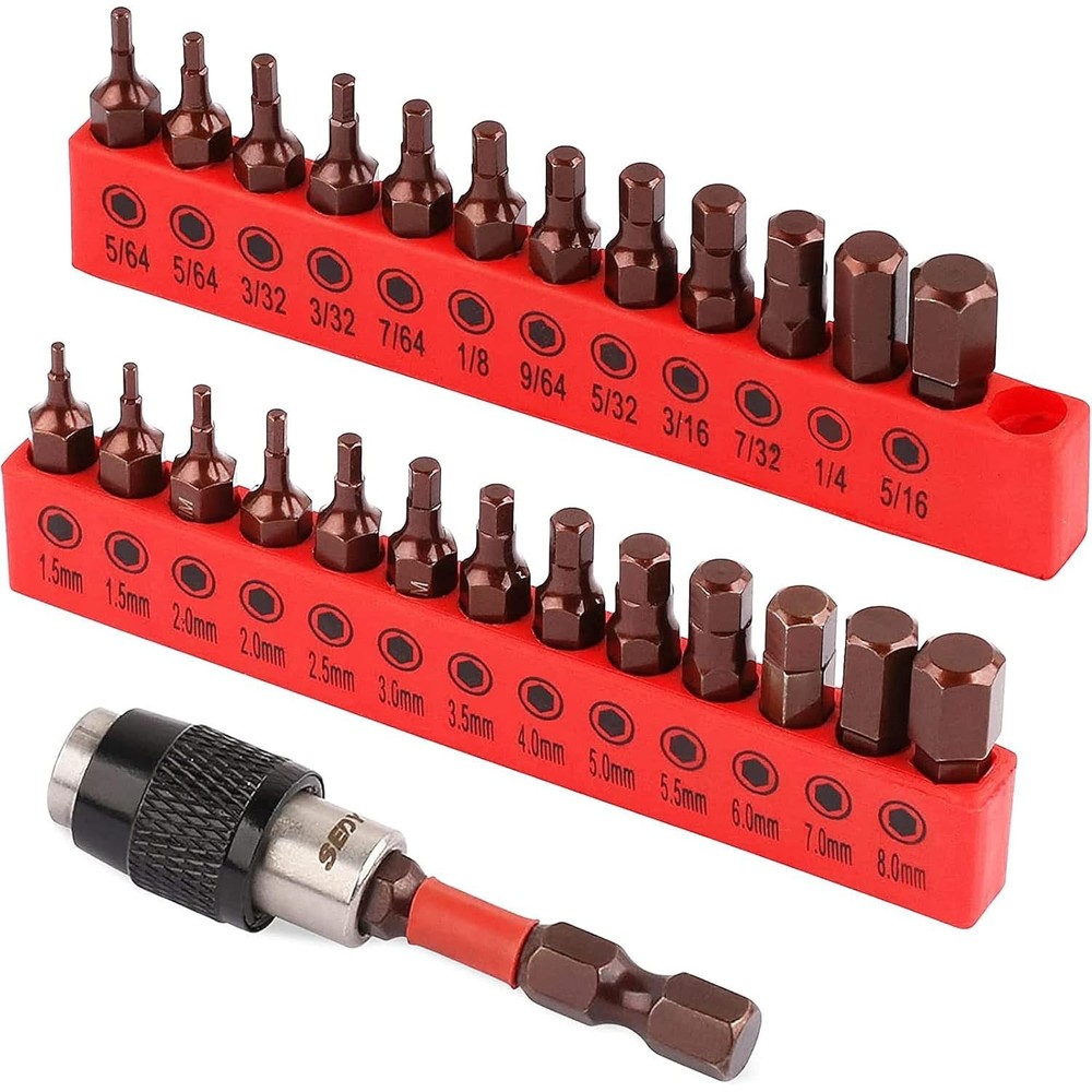 25 Pc Hex Bit Set, Allen Key Drill Bits, Quick Change, SAE Metric, Magnetic Tips