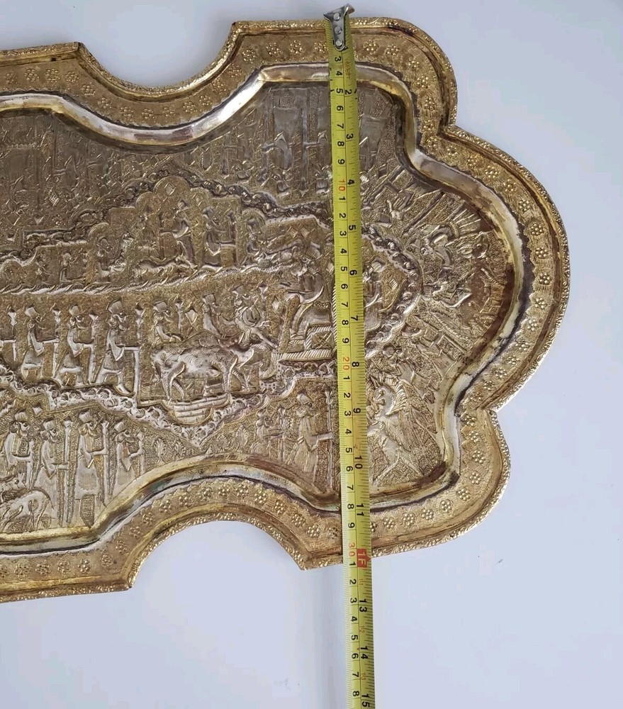 Handcrafted Middle Eastern Serving Tray. Ancient Vartan Embossed Gilded Plateau