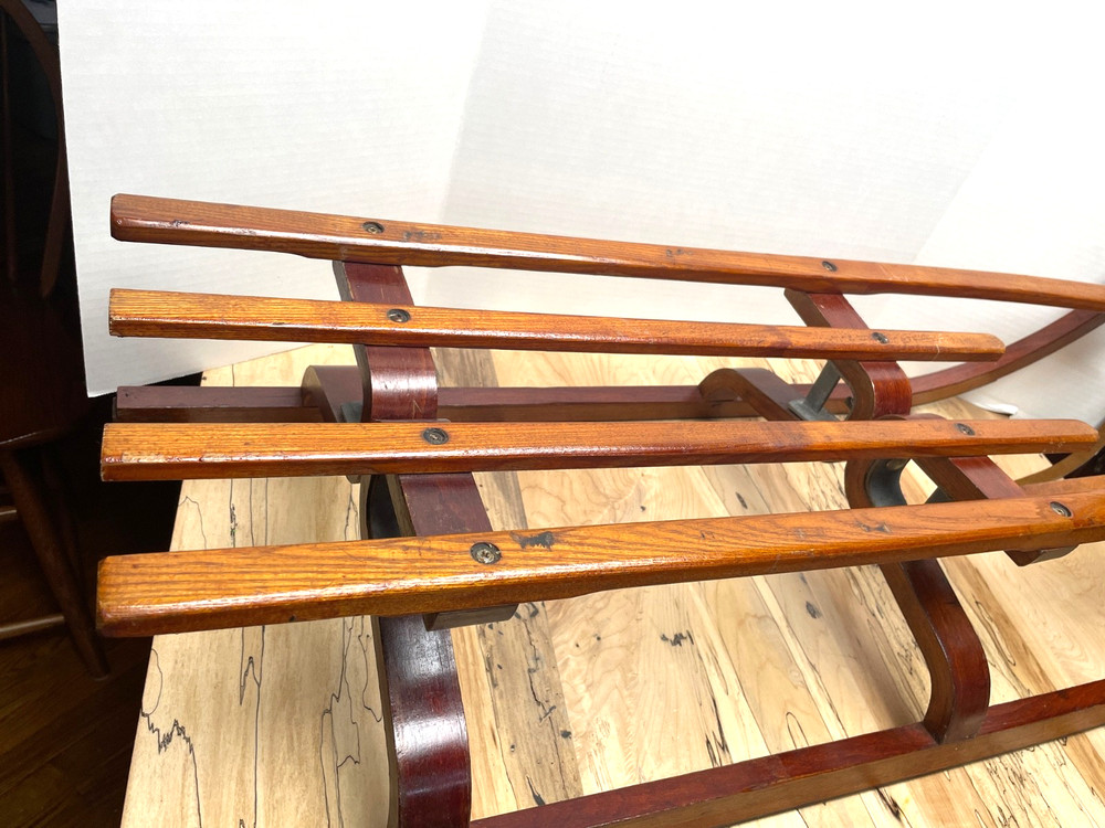 VINTAGE DUTCH WOODEN SLED BY POLYCOMB WITH LEATHER PULL