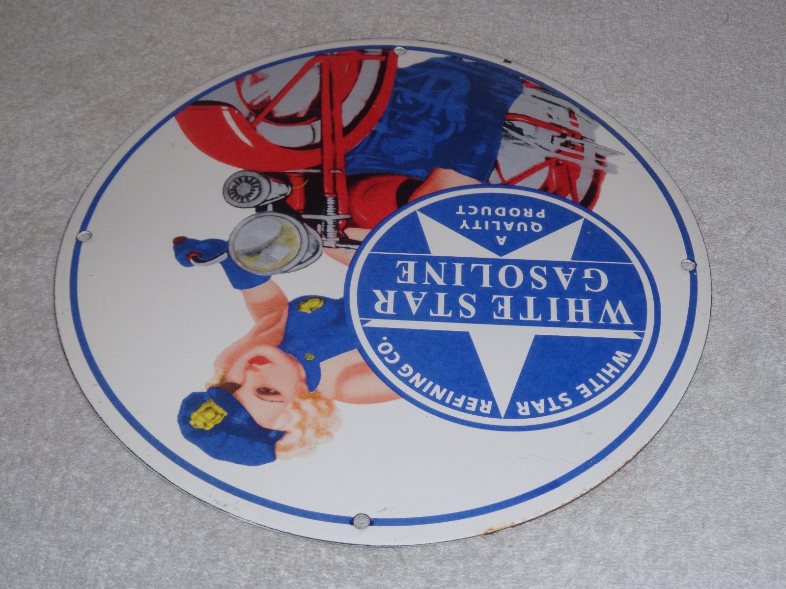 VINTAGE WHITE STAR GASOLINE "WOMAN ON MOTORCYCLE" 12" PORCELAIN METAL MOBIL SIGN