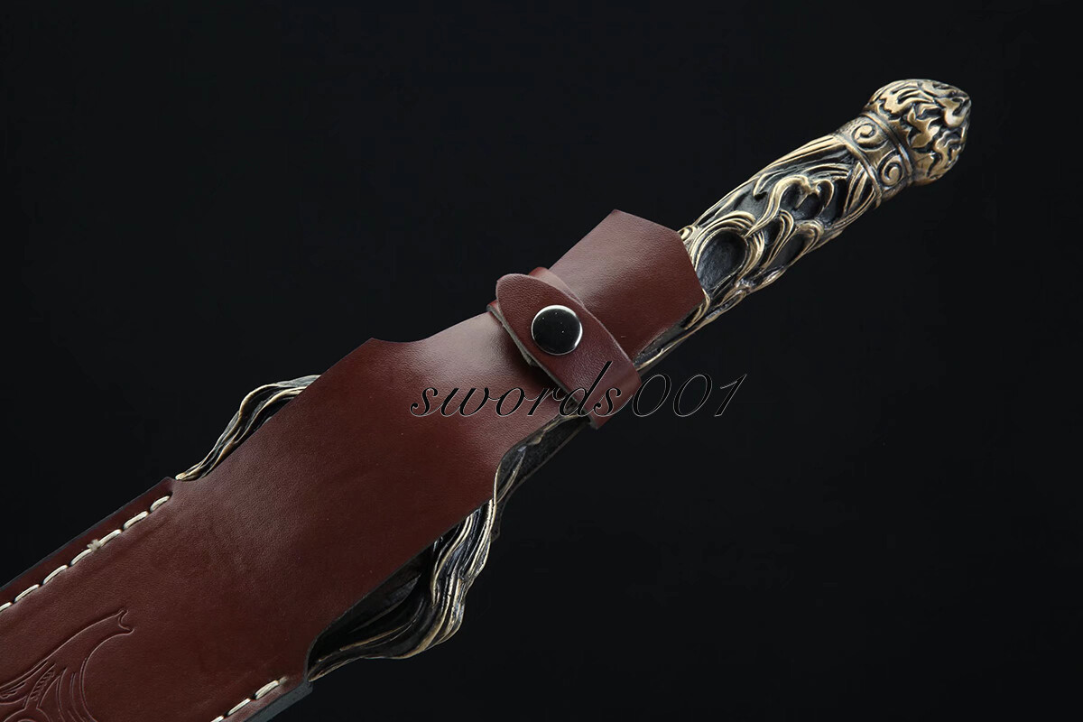 Handmade Exquisite Brass Handle Short Sword Damascus Steel Blade Leather Sheath