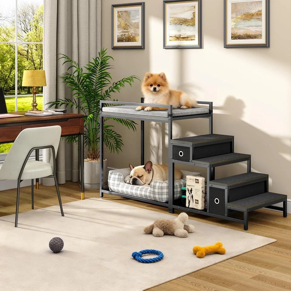 Dog Bunk Bed with Stairs & Storage Pet Bed Attaches to Human Bed Bedside