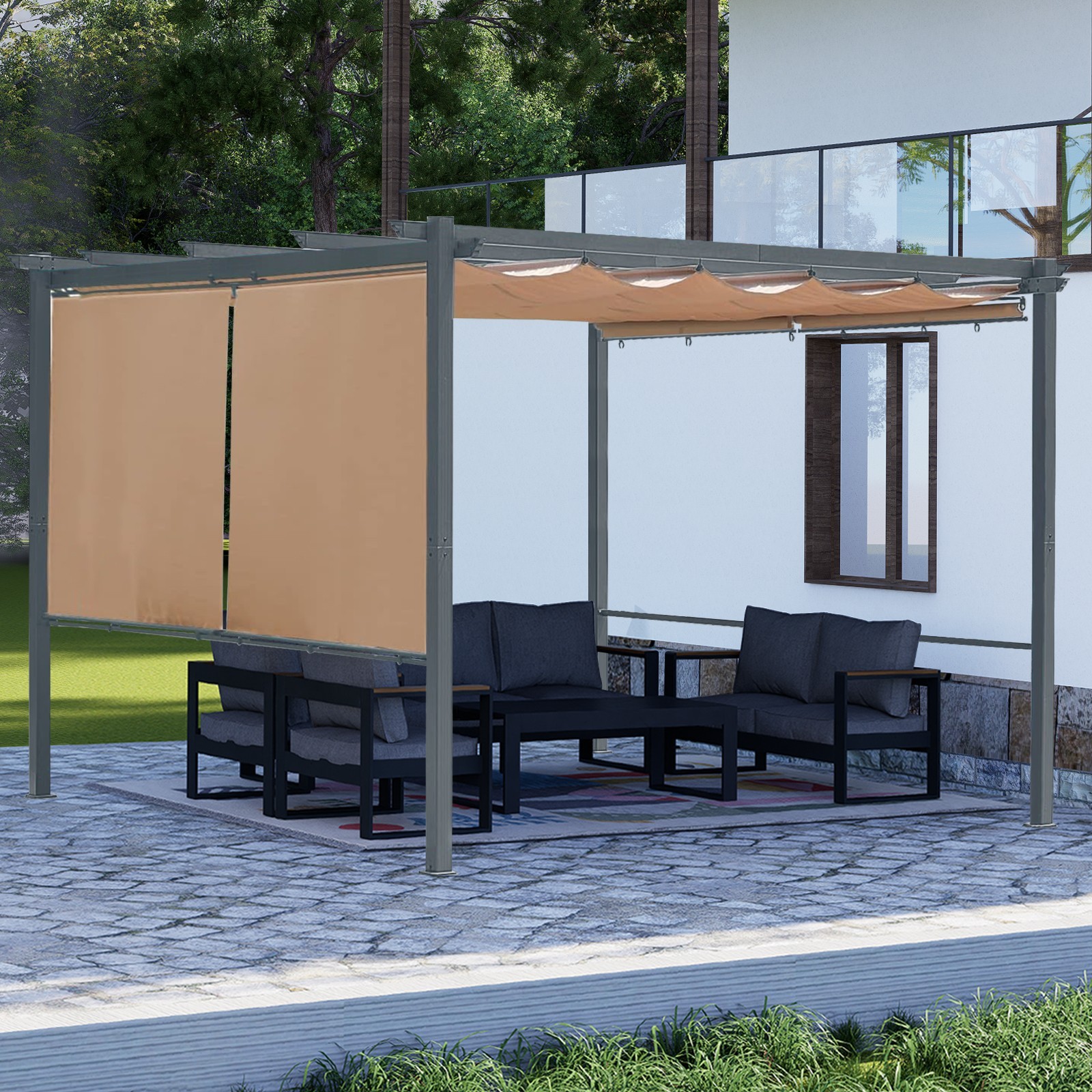 10x12ft Outdoor Pergola Sun Shade Cover with Retractable Canopy and Roller Shade