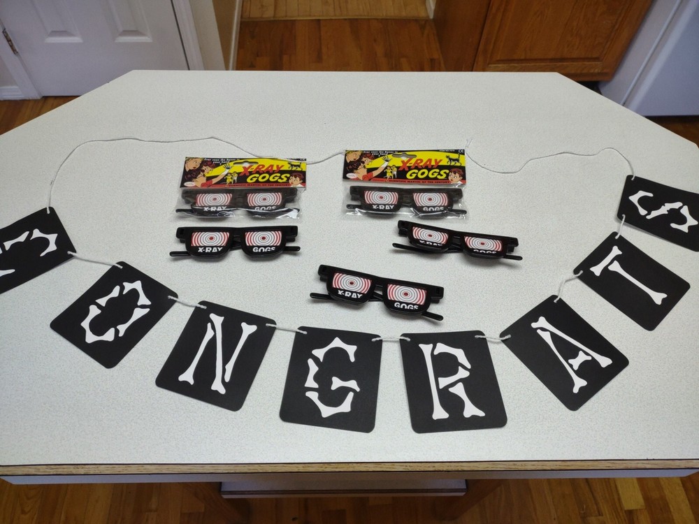 Novelty X-RAY GLASSES Specs Gogs Retro & Bone "CONGRATS" Banner