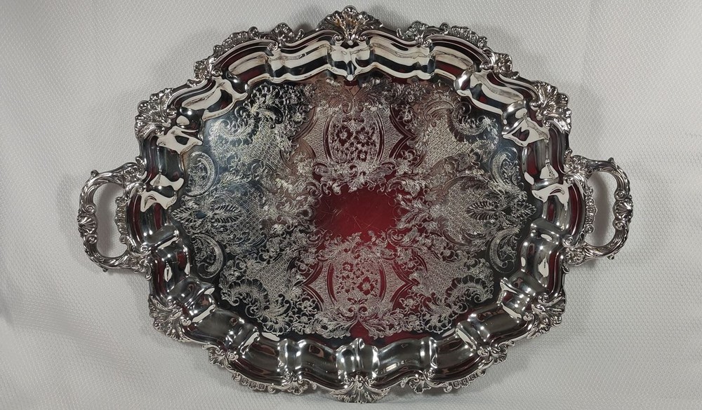 Antique Sheffield Silver Plated Serving Tray Seashell Scrolls Rococo No Monogram