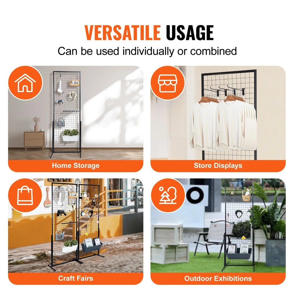 2 Pack Grid Wall Display Panels Floor Standing Wire Rack with Hooks USA
