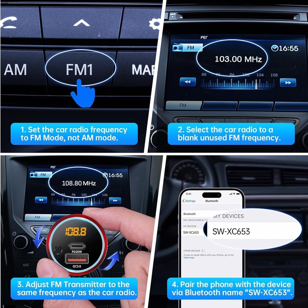 Transmisor FM Bluetooth 5.4 para coche, 38 W PD y QC3.0, carga USB dual, adaptad