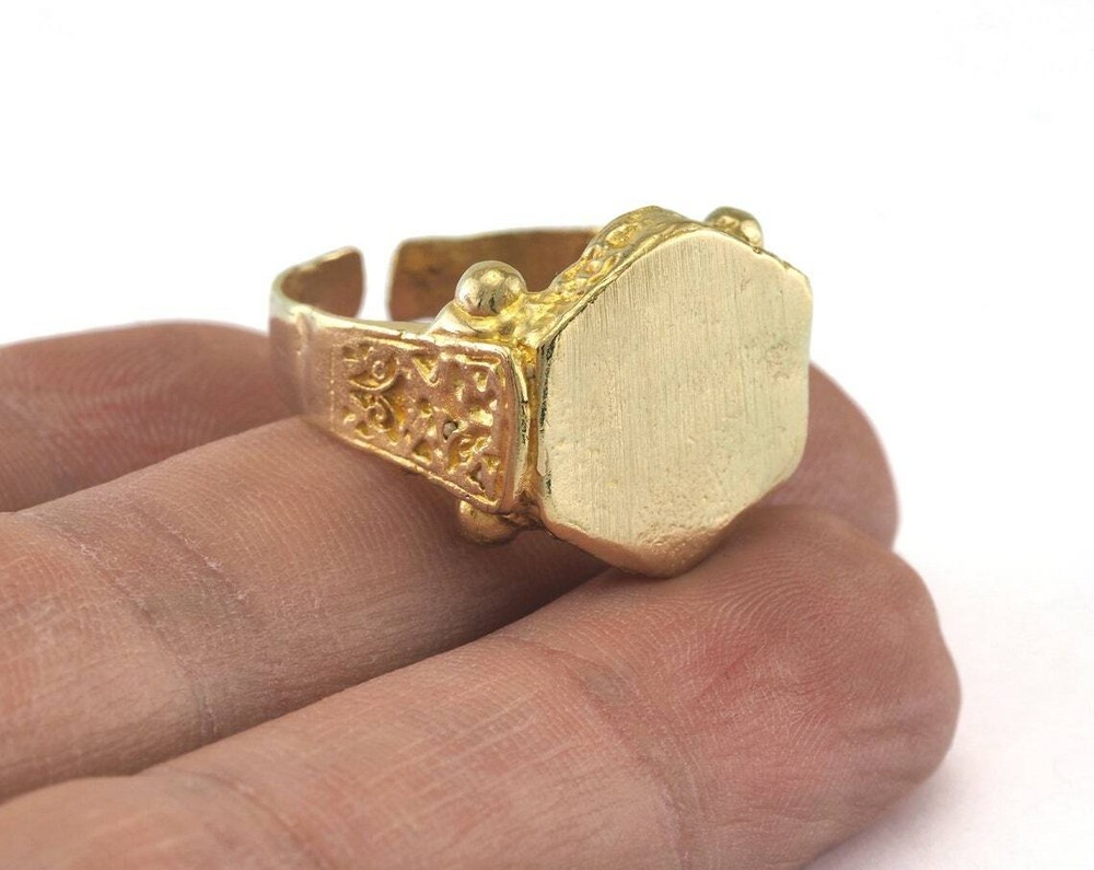 Hexagonal Ring Bezel Blank Base Settings Adjustable Raw Brass 10US size 4423