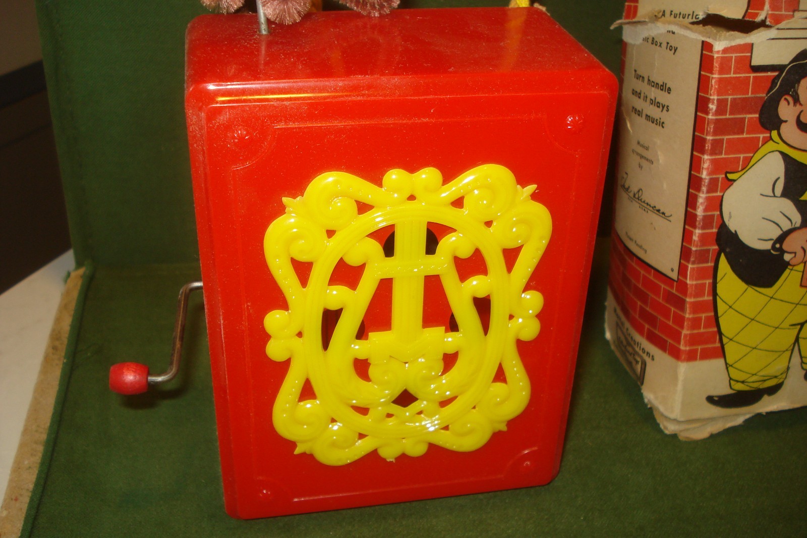 Vintage 1950's Hurdy Gurdy w/ Dancing Monkey Music Box Toy & Box Mattel, WORKS