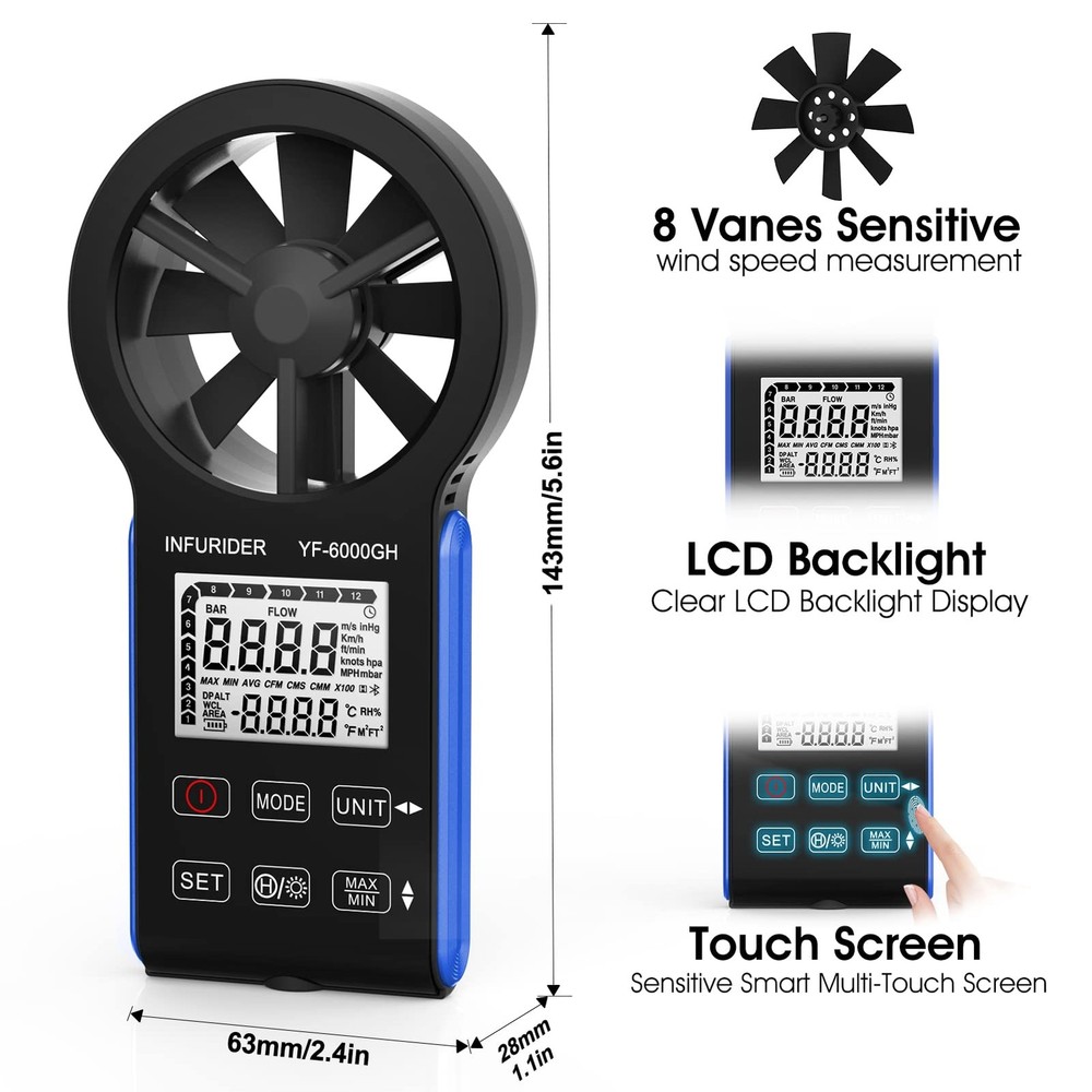 CFM Wind Speed Meter, Rechargeable Anemometer Measuring Wind Velocity, Test A...
