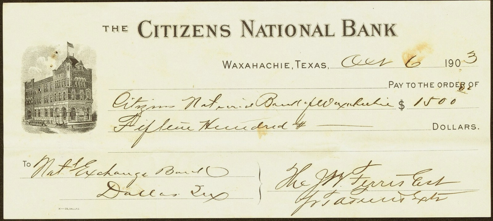 TX $1,500 WAXAHACHIE Texas The Citizens National Bank October 6, 1903 check