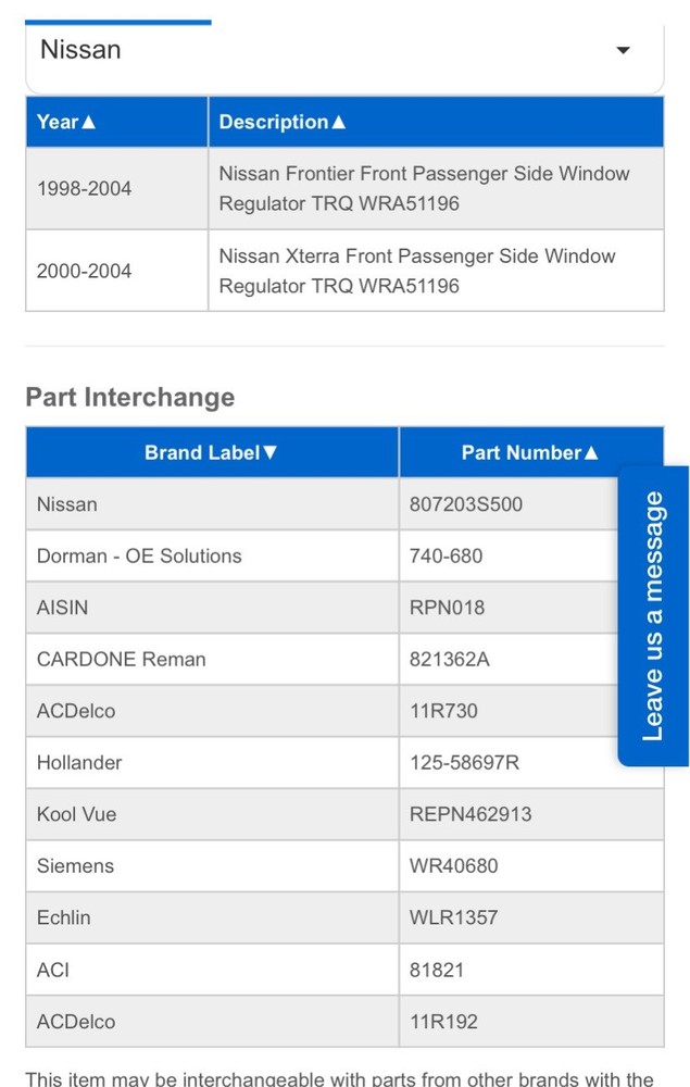 Power Window Regulator Compatible with Frontier - Front Passenger