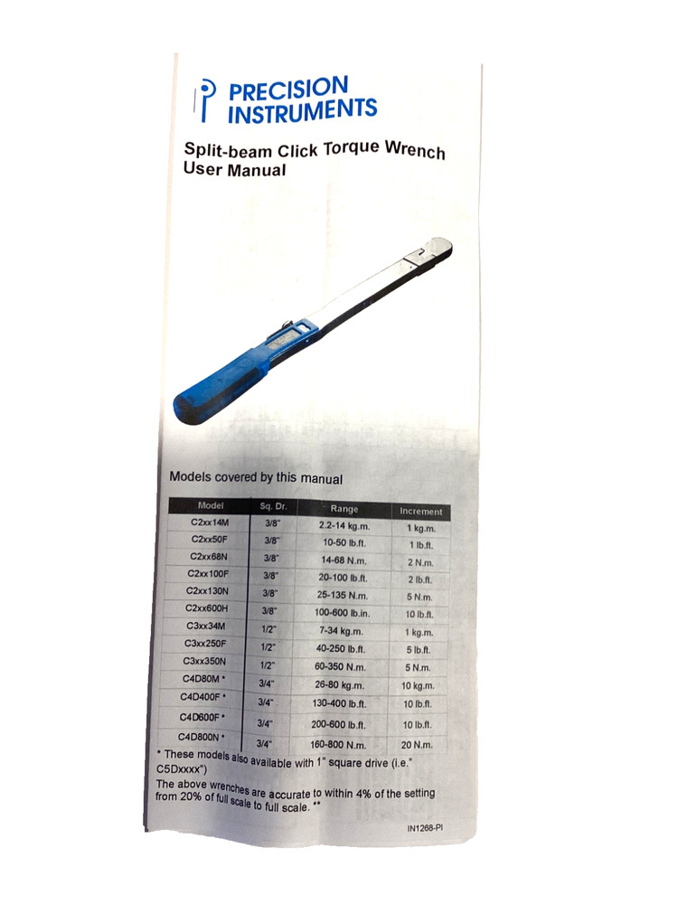 Precision Instruments USA 1/2" Drive Torque Wrench With Snap Latch Case C3FR250F