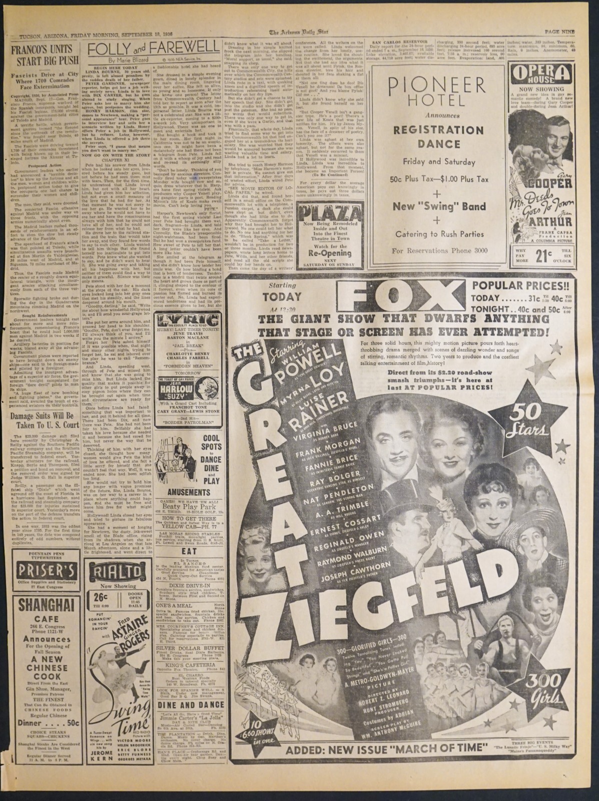1936 Arizona Newspaper Page - The Great Ziegfeld Movie Ad - William Powell