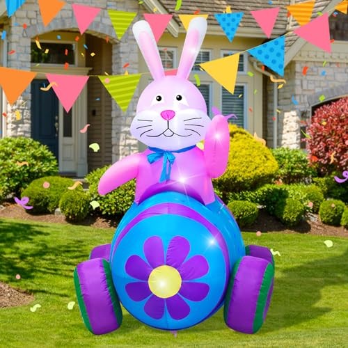 4Ft Easter Inflatables Bunny Decorations with LED 4ft Bunny Driving Car