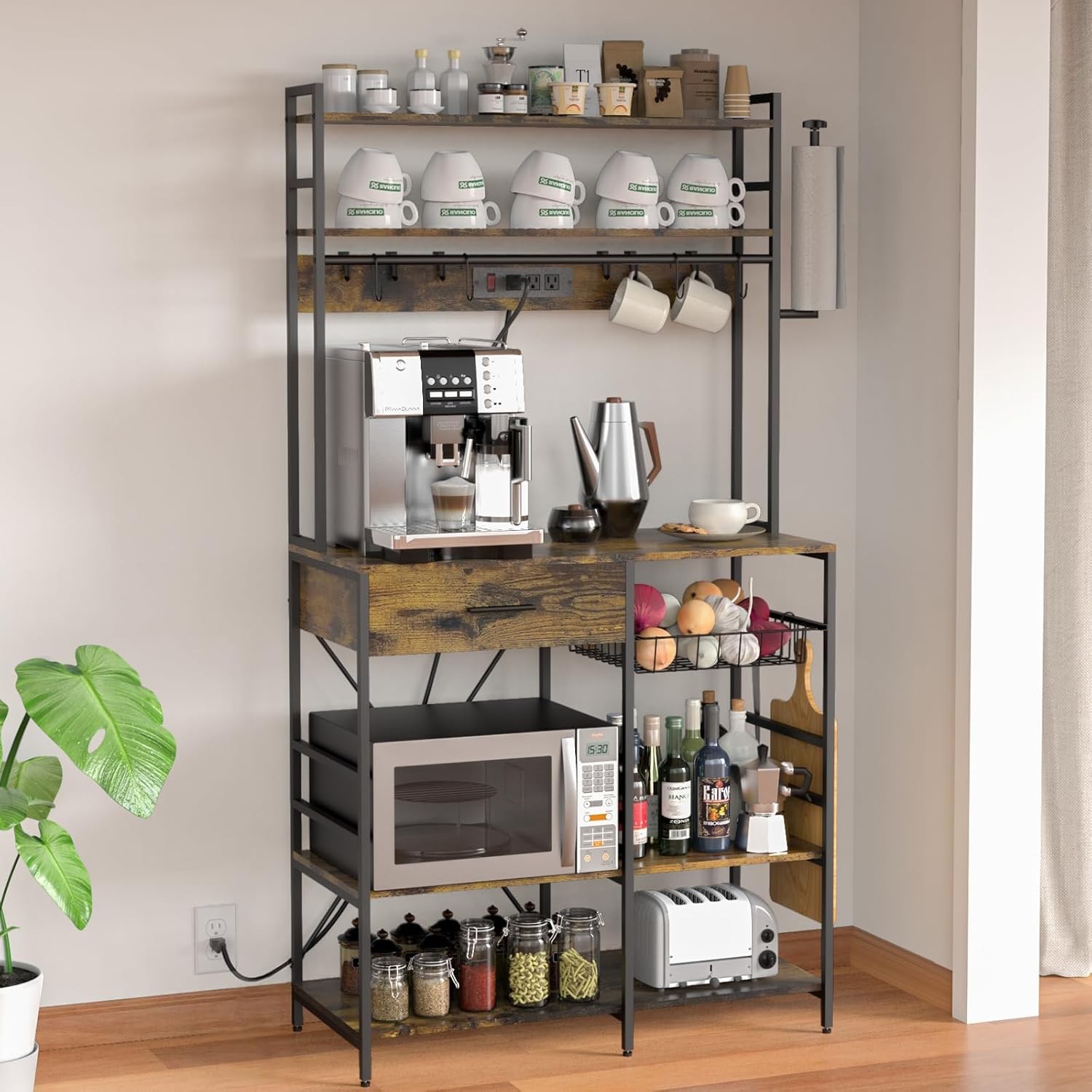 Kitchen Storage Shelf with Power Outlet, 6-Tier Adjustable with Drawer & Baskets