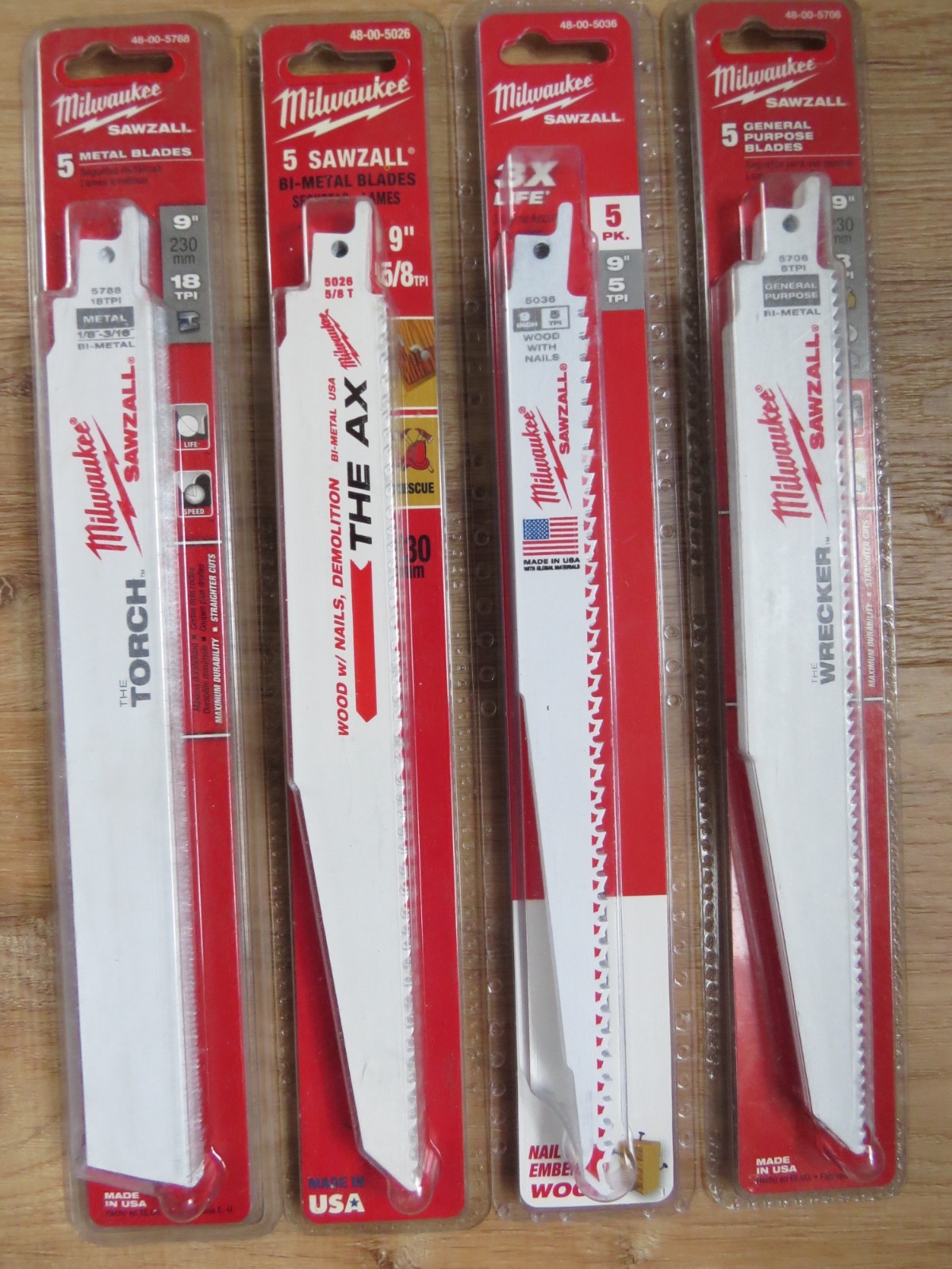Lot of 4 Milwaukee Sawzall 9" blade 5 packs, #5036, #5706, #5026, & #5788