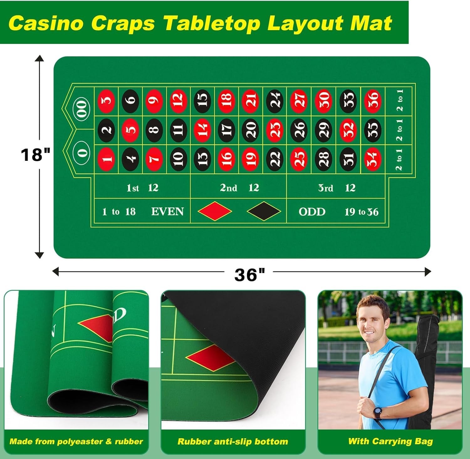 Roulette Wheel Game Set Include 16'' Black Roulette Wheel 35" X 16" Rubber Table