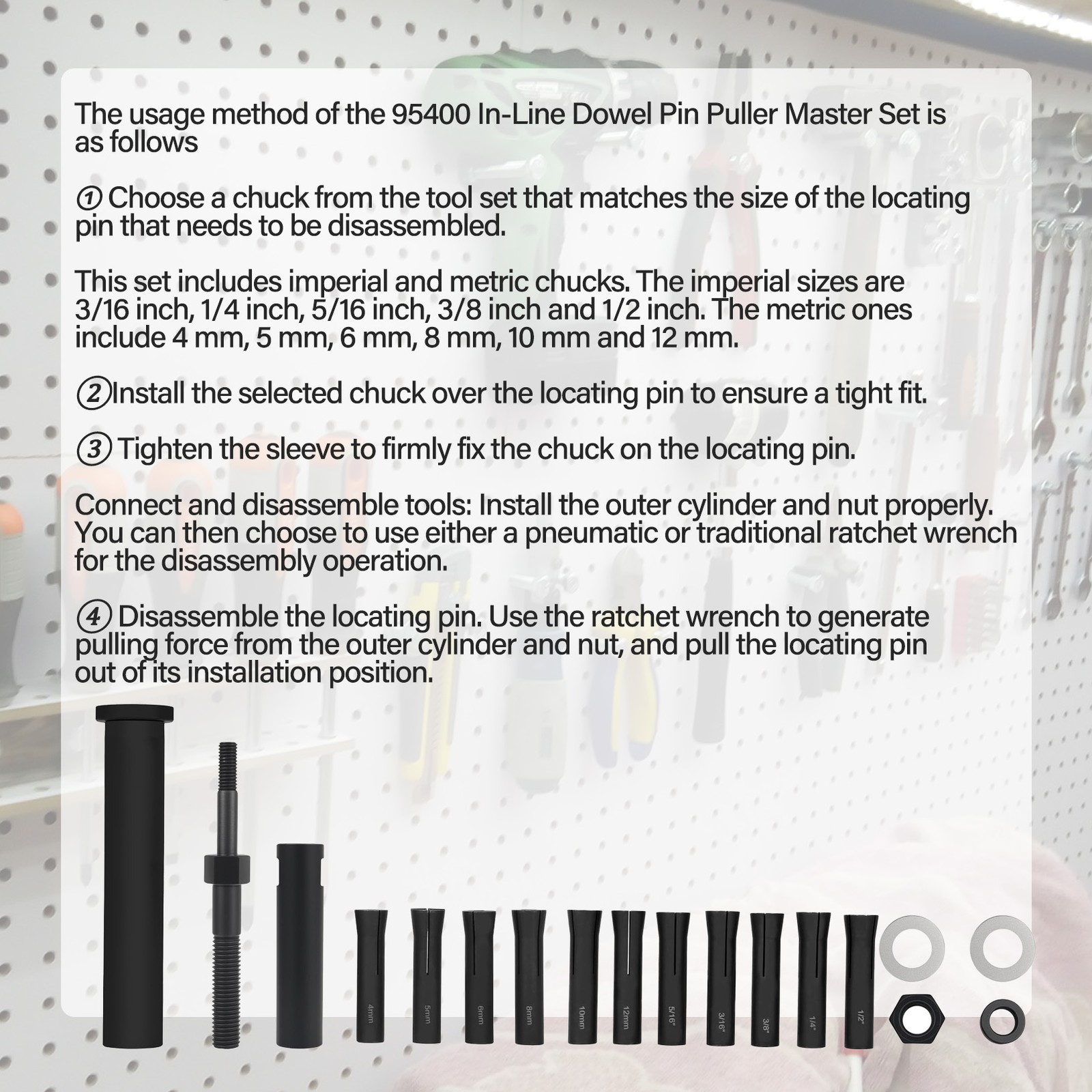 18pcs 95400 in-Line Dowel Pin Puller Master Set Includes Both SAE&Metric Collets