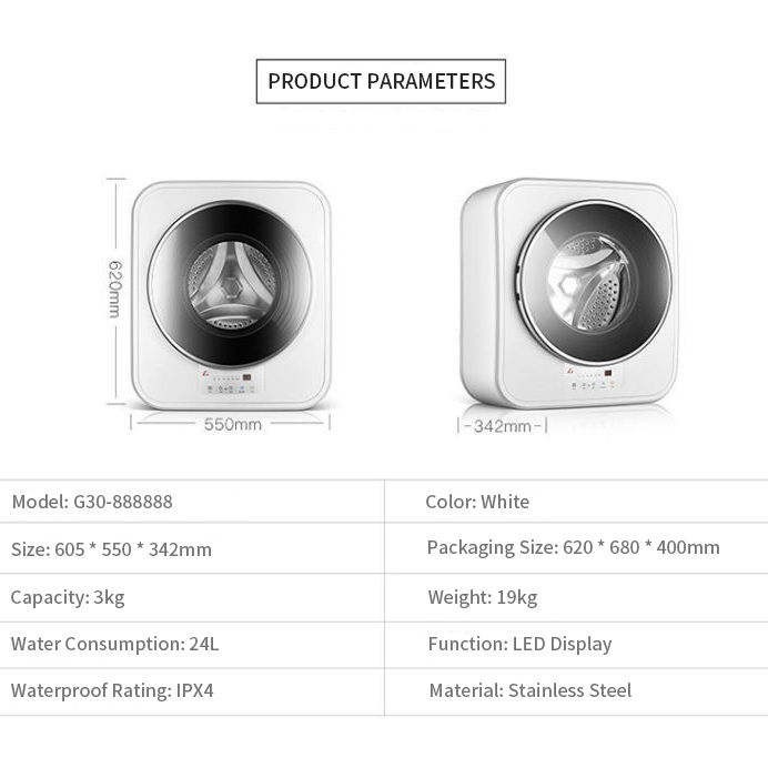 3KG220V Fully Automatic Wall Mounted Loading Mini RV Washing Machine Integrated