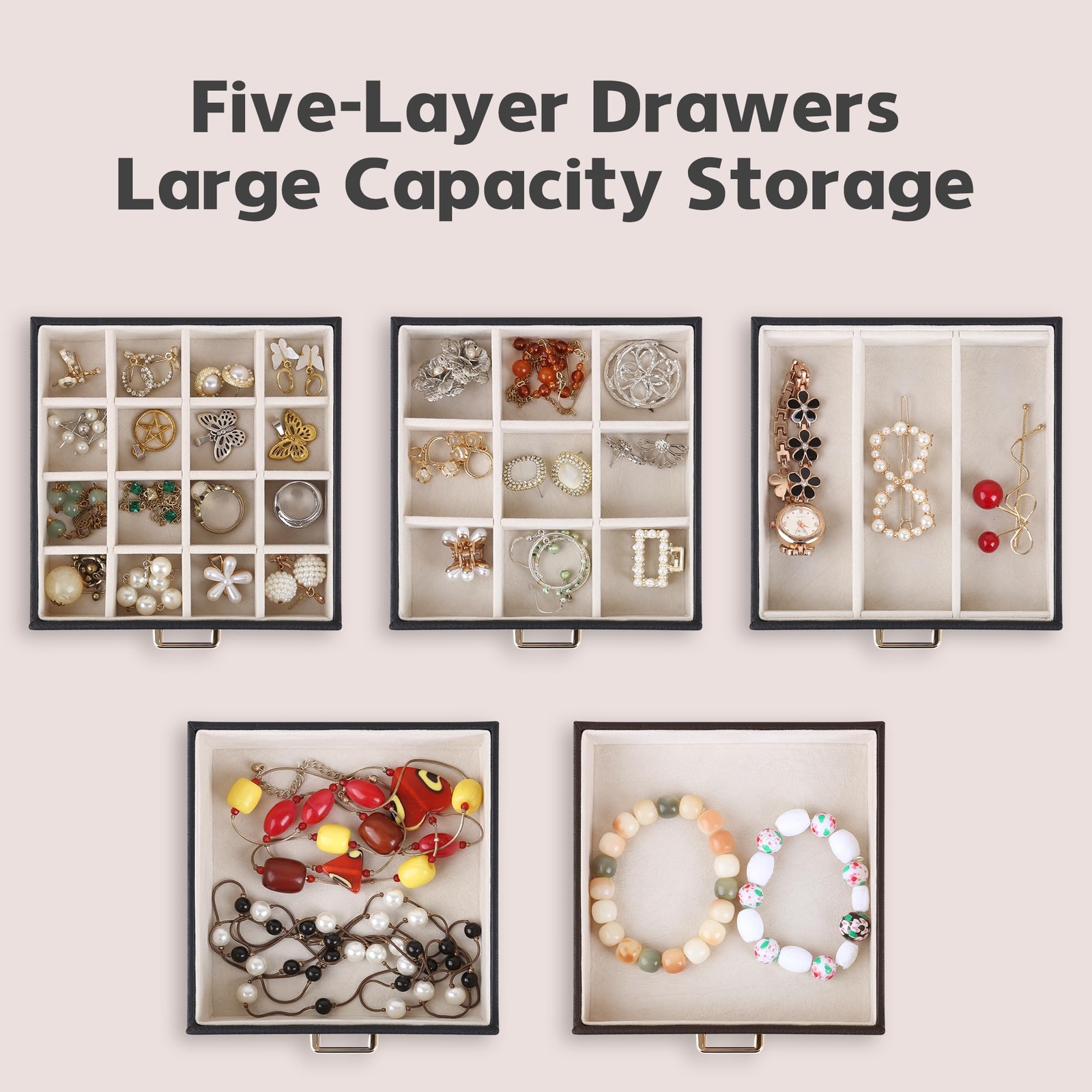 Kendal Black 6-Layer Large Leather Jewelry Box Watch Jewelry Organizer w/ Mirror