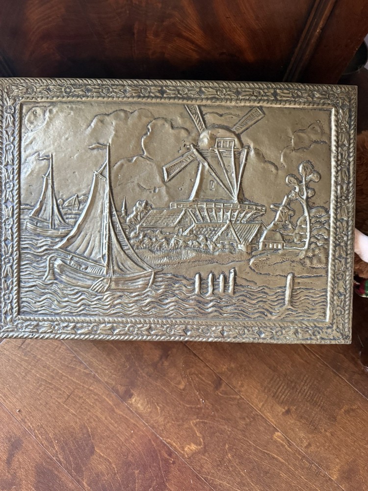 Antique Brass Ship Windmill Slipper Box Fireside Storage Container Original