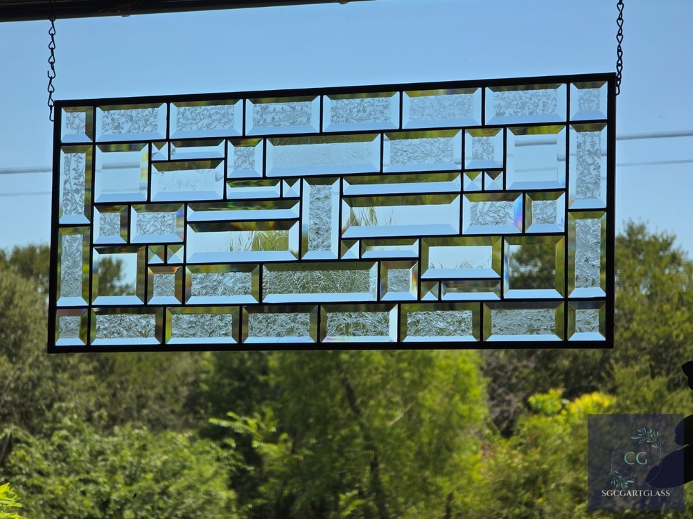Contemporary clear stained glass panel, rectangular window hanging,28 1/2x12 1/2