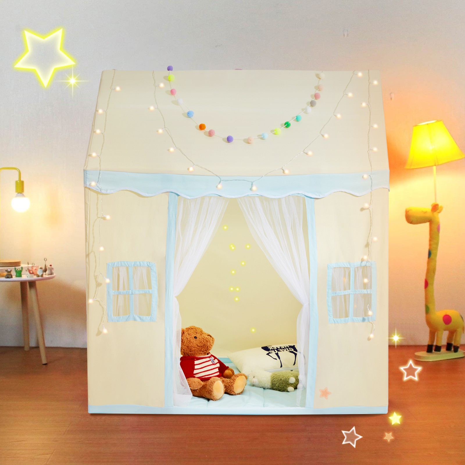 Kids Play Tent Kids Tent for 1-5 Years Old Toddler Tent with Mat and Lamp