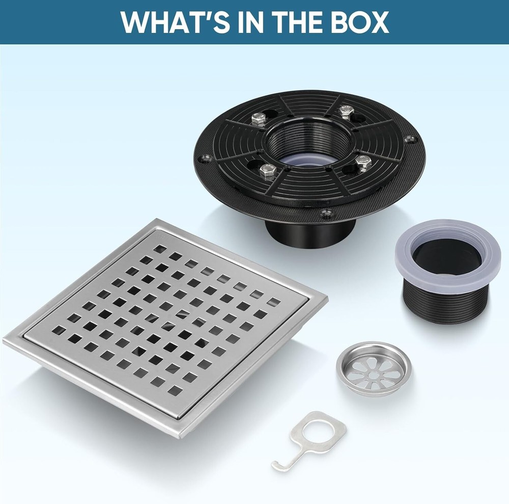 TICONN 6'' Square Removable Floor Shower Drain, Rustproof SUS 304