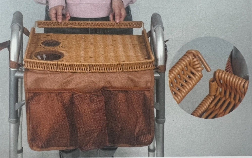 Wicker Mobility Table Tray For Folding Walker Cup Holder 3 Front Section Storage