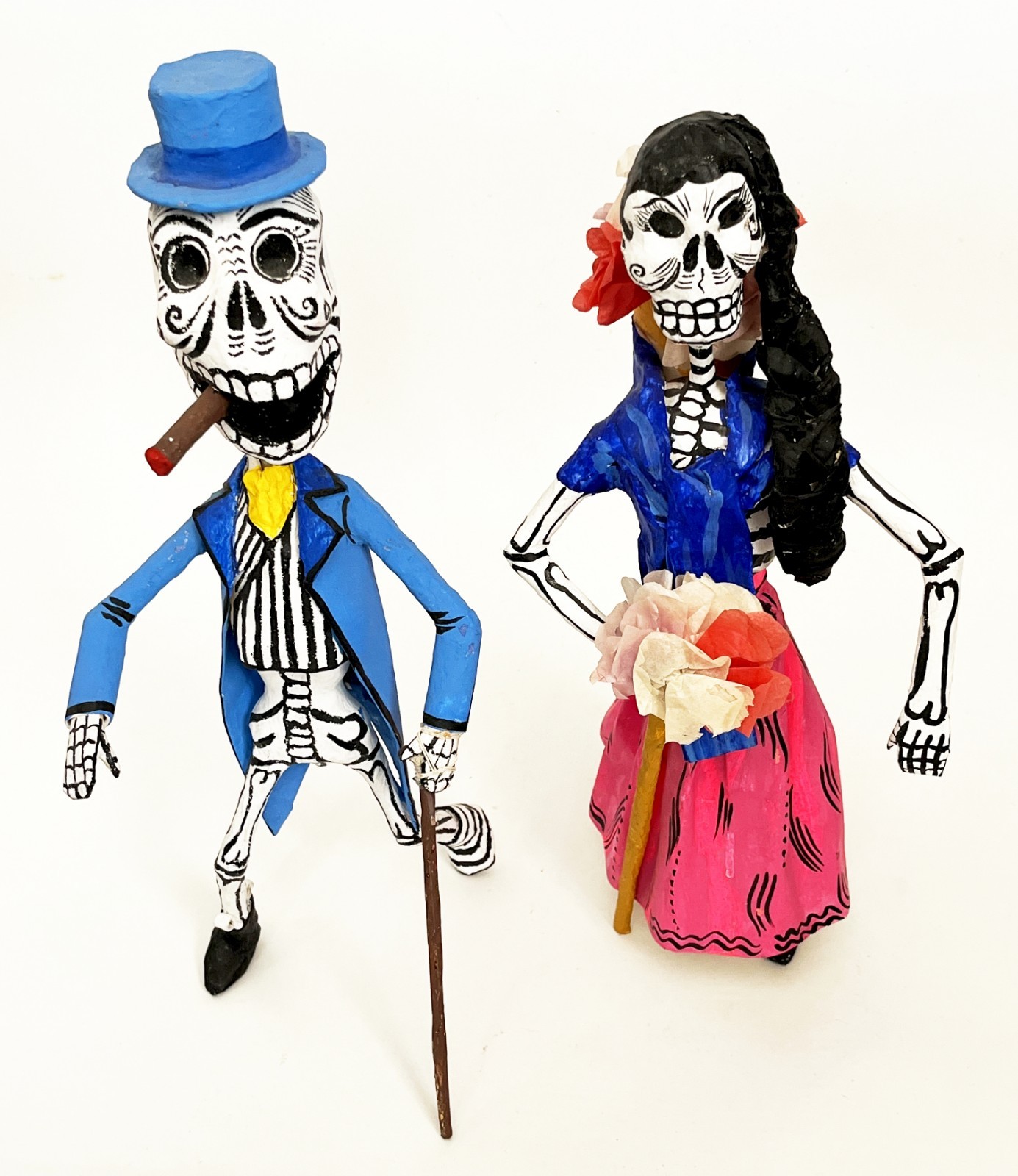 2 1970s SIGNED LINARES MEXICAN CARTONERIA PAPER MACHE SKELETON CATRINA SCULPTURE