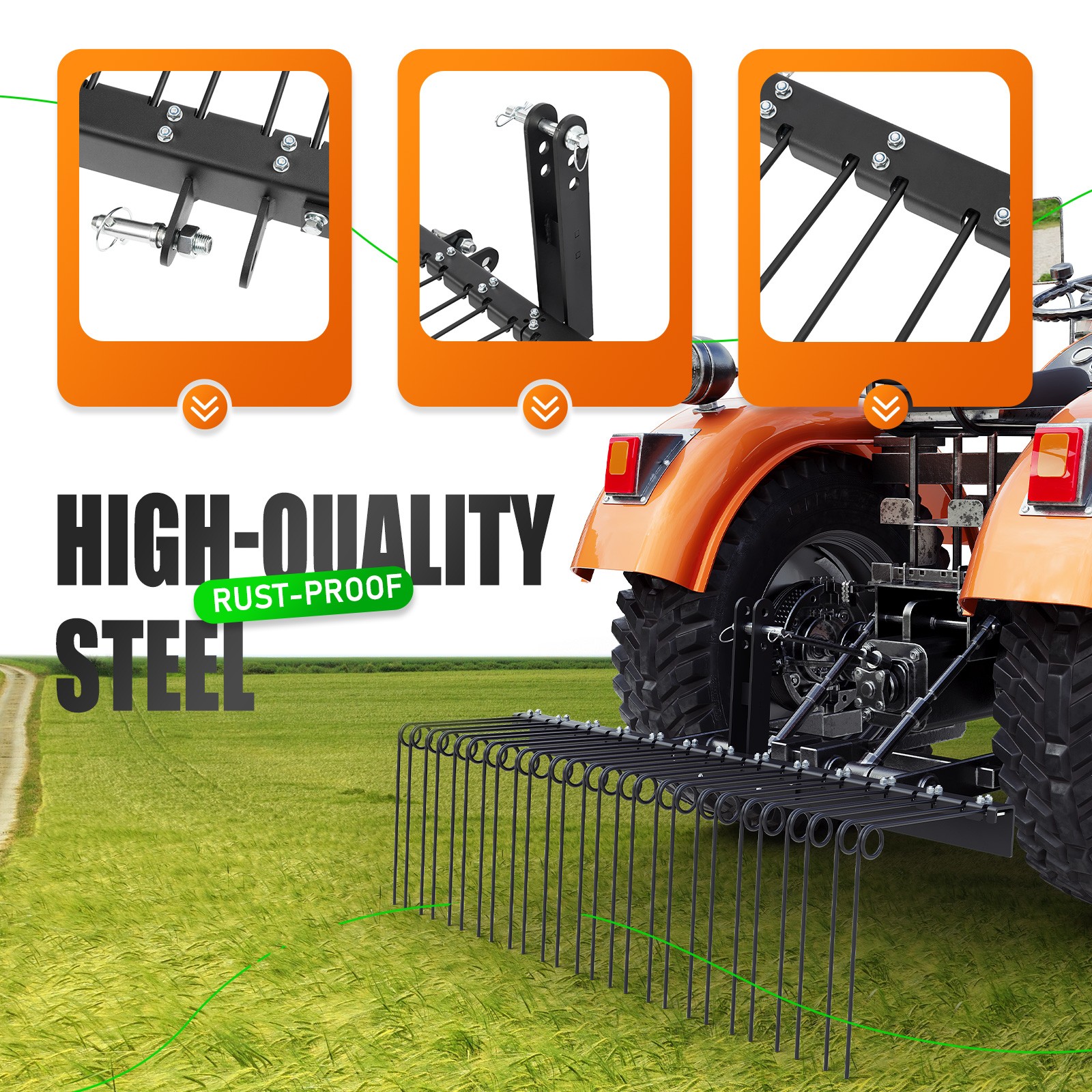 3 Point 60" Tow behind Landscape Rake Lawn Dethatcher Rakes For Cat 0&1 Tractor