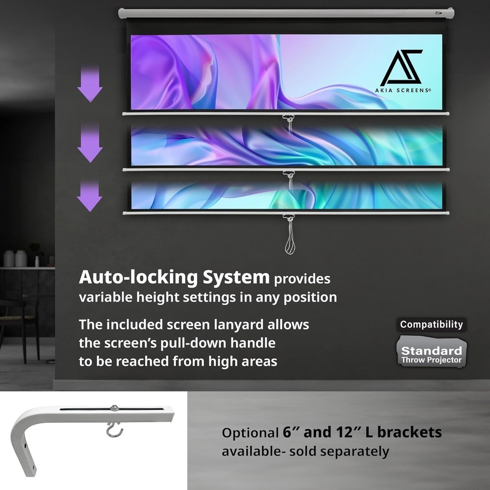 16:10 Retractable Projector Screen - Auto-Locking and Wall/Ceiling Mountable