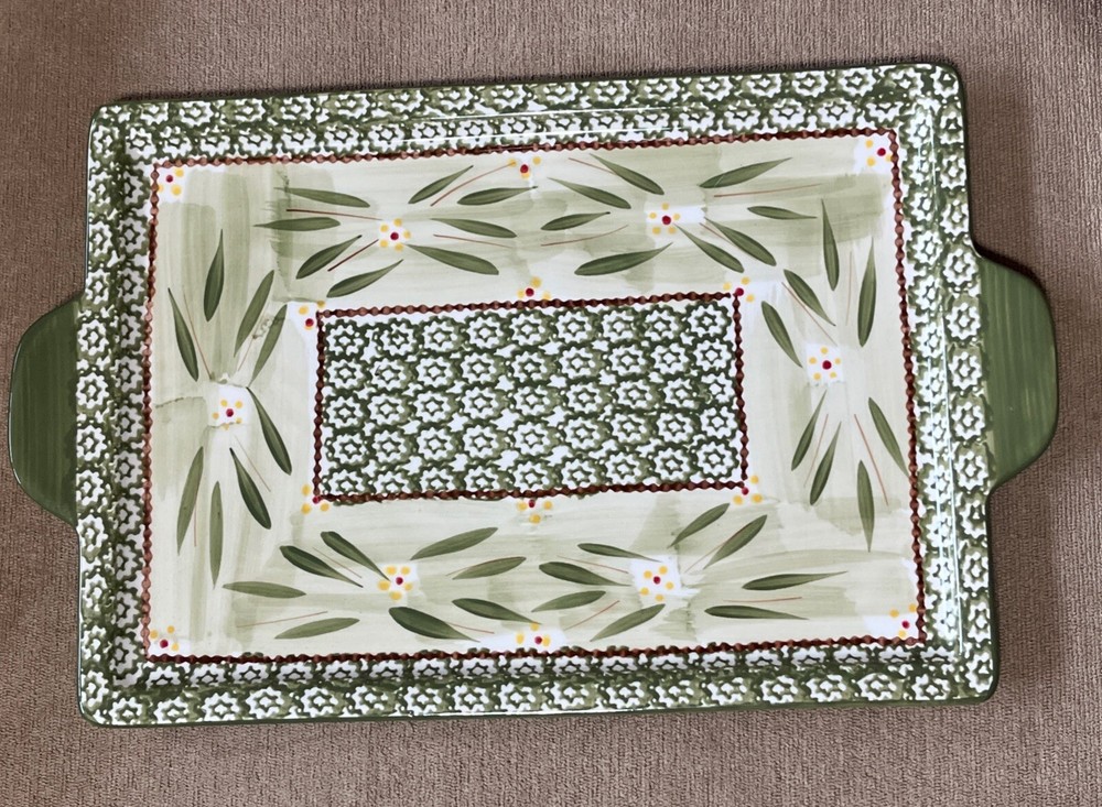 Temp-tations Old World Green Handled Serving Tray Platter Rectangle 16X9.75 EUC