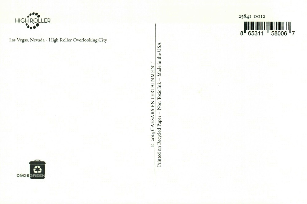 Las Vegas Postcard -- High Roller Overlooking City -- (dated 2014)