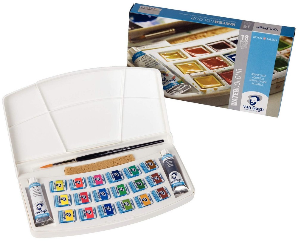 Van Gogh Watercolor Paint Set, Plastic Pocketbox, 18-Half Pan + 2x10ml