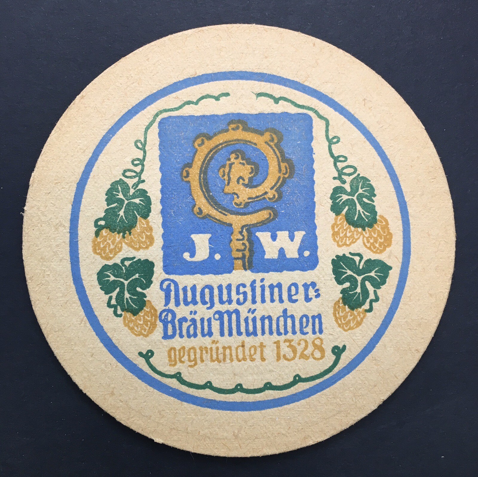 Vintage J.W. Augustiner Brau Bier German Beer Coaster Blue Green Gold