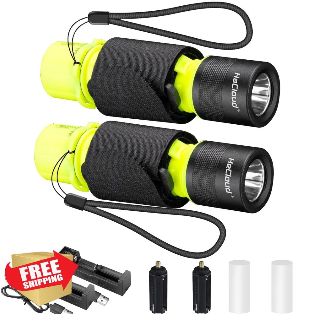 HECLOUD 2pk IPX8 Waterproof Scuba Dive Light Rechargeable