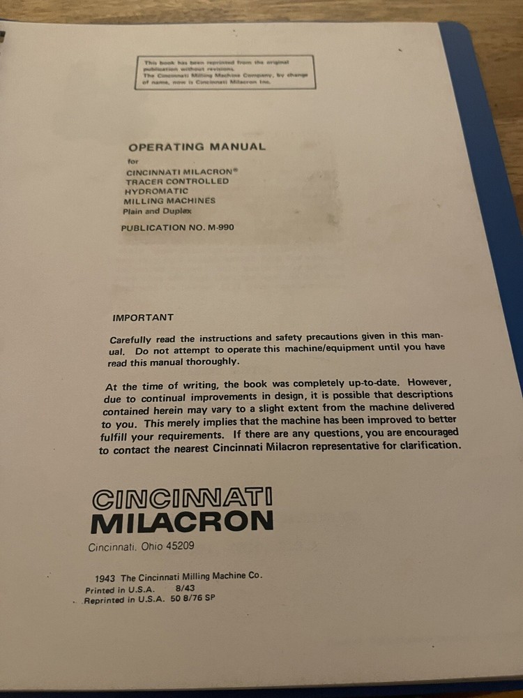 CINCINNATI MILACRON Manual for Tracer Controlled Hydromatic Milling Machine