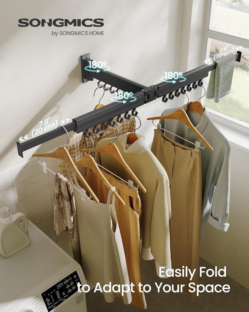 Wall-mounted drying rack, retractable drying arm with 21 swivel sliding hooks