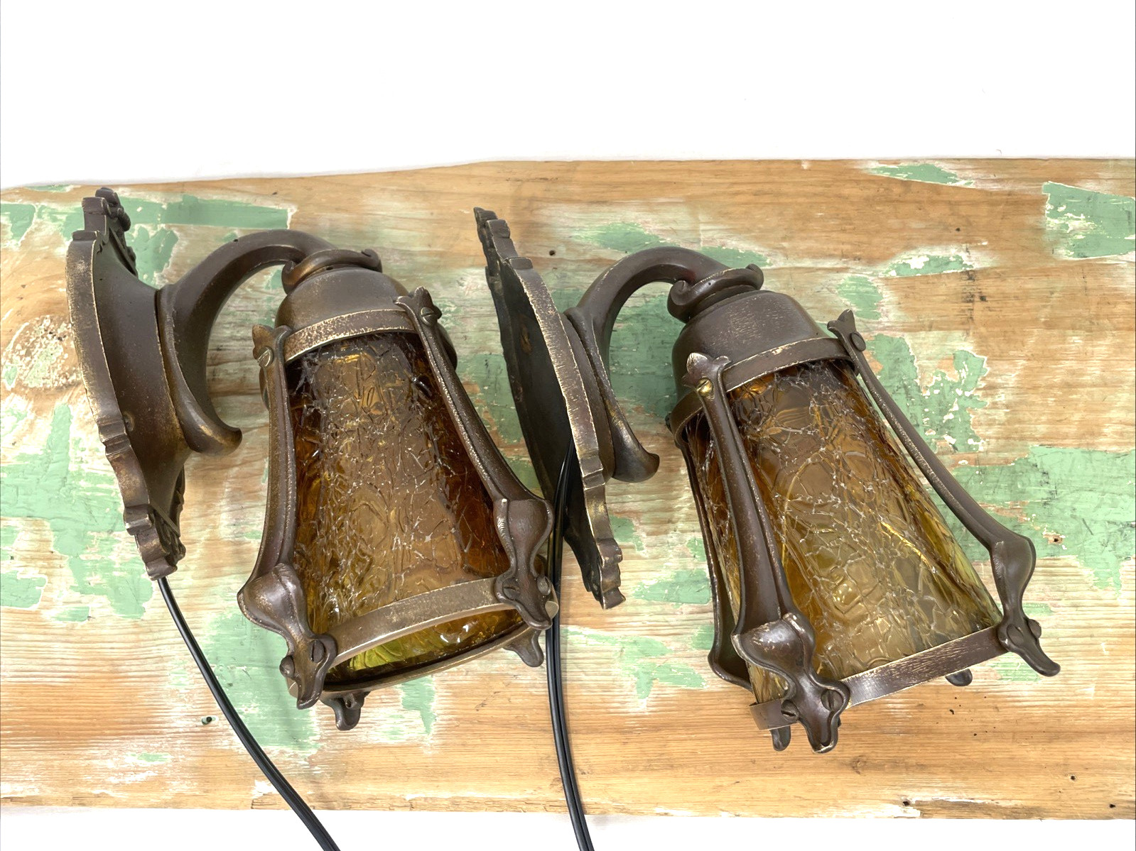 RESTORED Pair Antique Vtg Tudor Arts Crafts Wall Sconces Amber Glass Porch Light