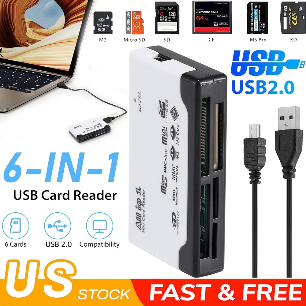 Memory Card Reader Multifunction 6-IN-1 USB 2.0 High Speed For CF XD SD MS Card