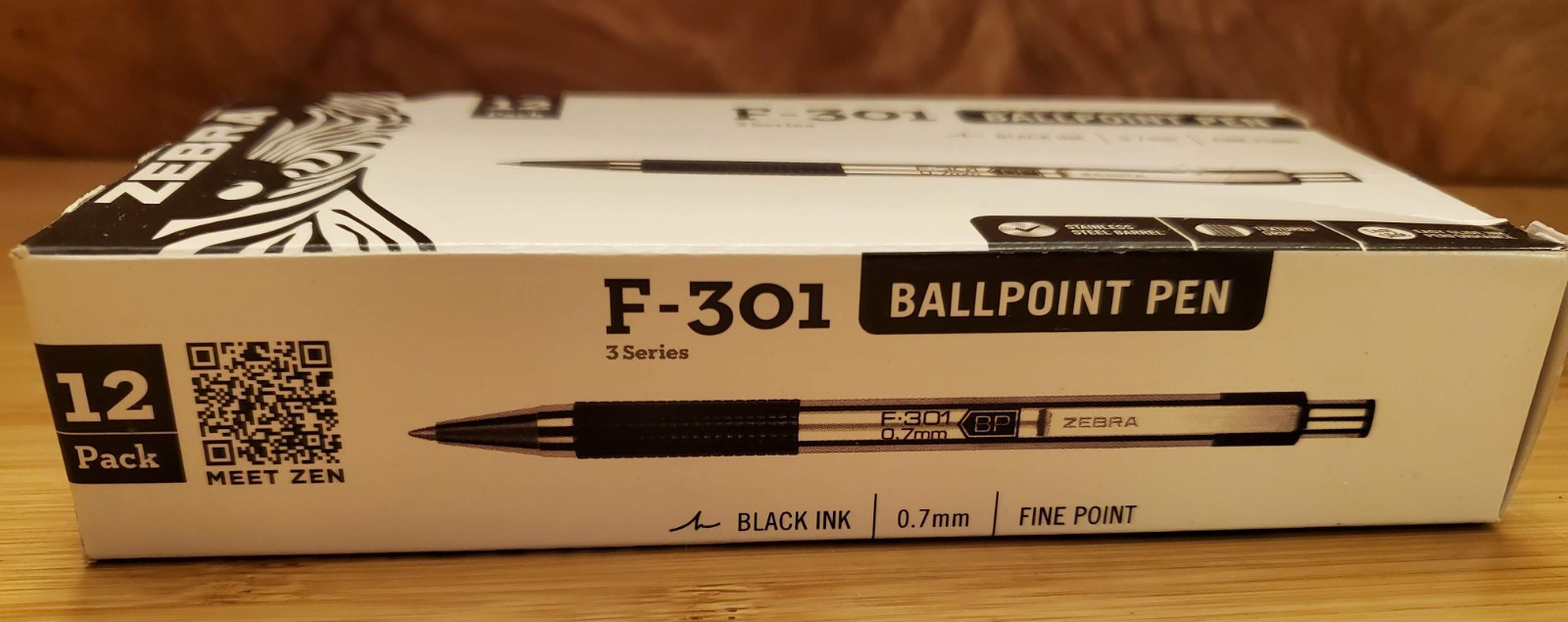 (12 Pack) Zebra F-301 Ballpoint Fine 0.7mm Black Stainless Steel Retractable Pen