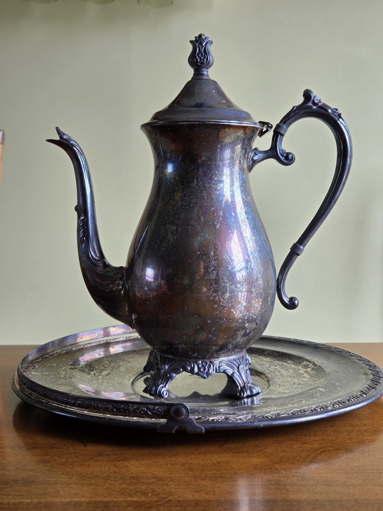 Antique FB Rogers Silver Company 1883 Silverplate Coffee Tea Pot & Handled Tray