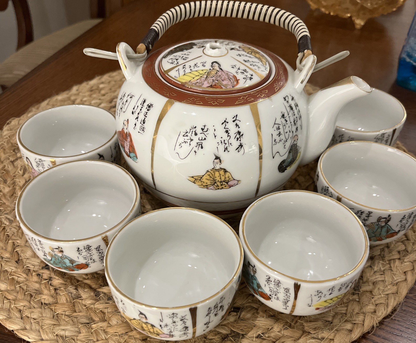Antique Japanese Kutani Porcelain Teapot with 6 cups