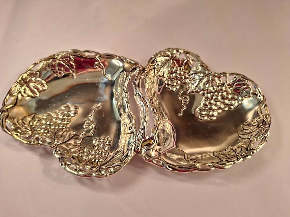 Godinger Silver Plated Double Heart Dish Grape Design Decor Gift