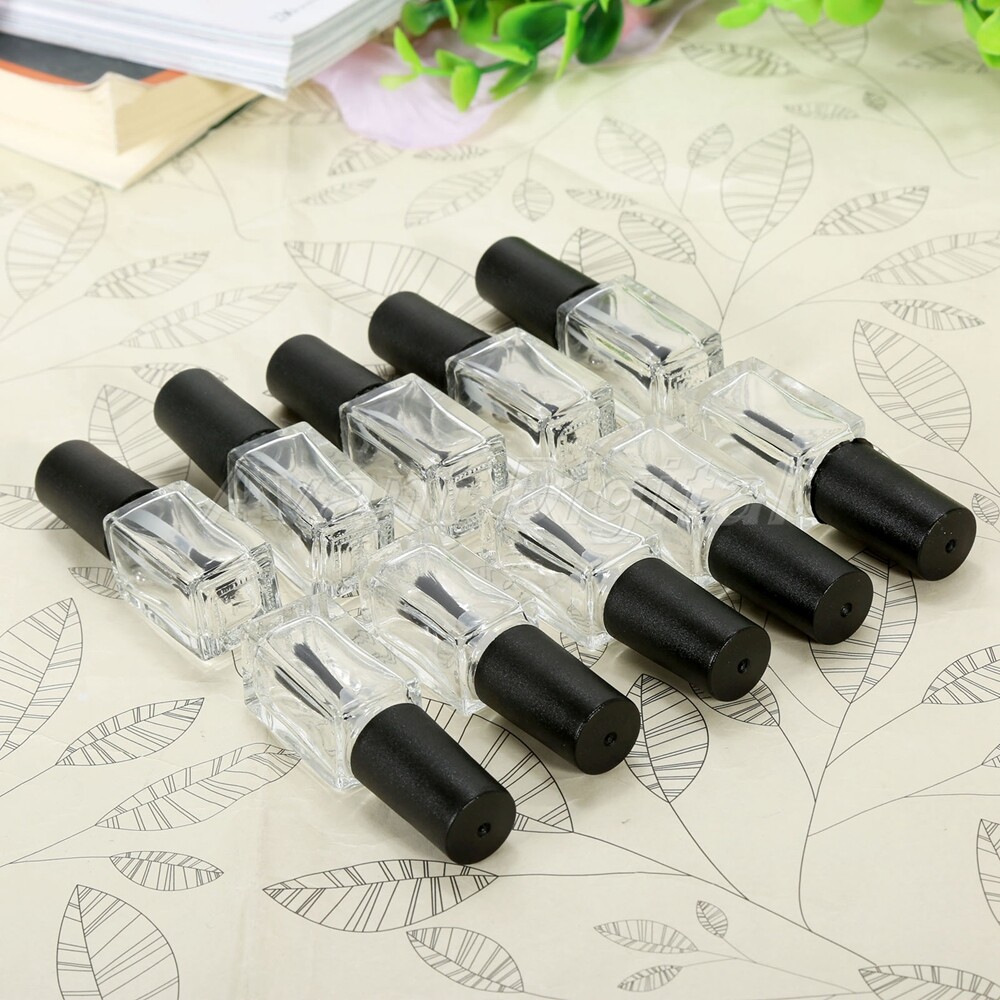 10pcs 5ML Clear Empty Square Nail Polish Bottle Refillable Containers+Brush Cap